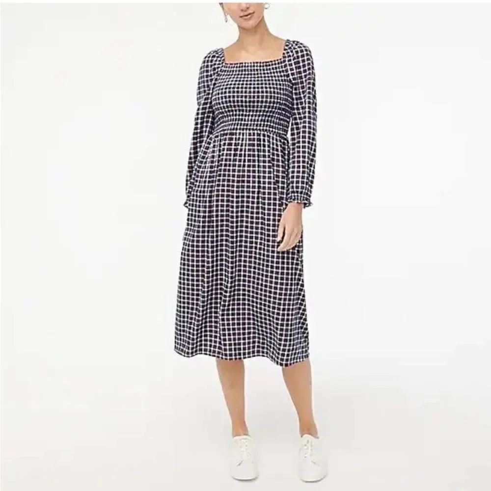 J Crew Womens Dress Sz XS Plaid Flannel Cottage Puff Sleeve Smocked Midi Navy